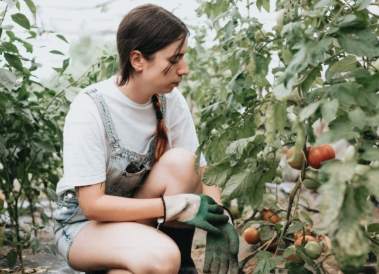 Mujer plantando tomates. Calendario de siembra